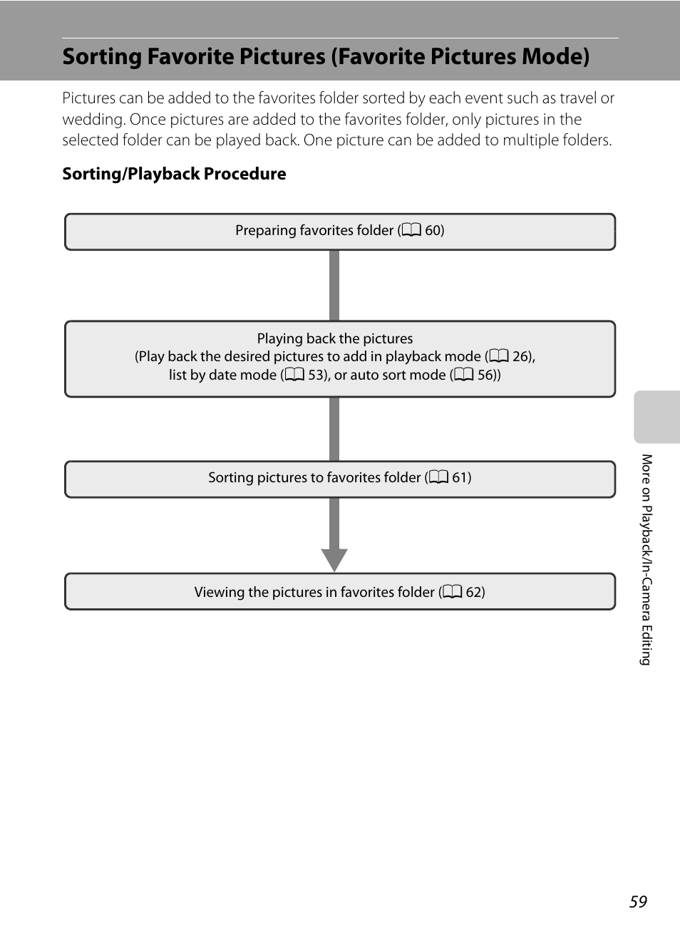 Sorting favorite pictures (favorite pictures mode), A 59), De (a 59) | Sorting/playback procedure | Nikon S570 User Manual | Page 71 / 172