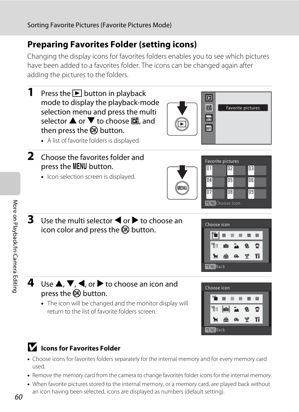 Preparing favorites folder (setting icons), A 60) | Nikon S570 User Manual | Page 72 / 172