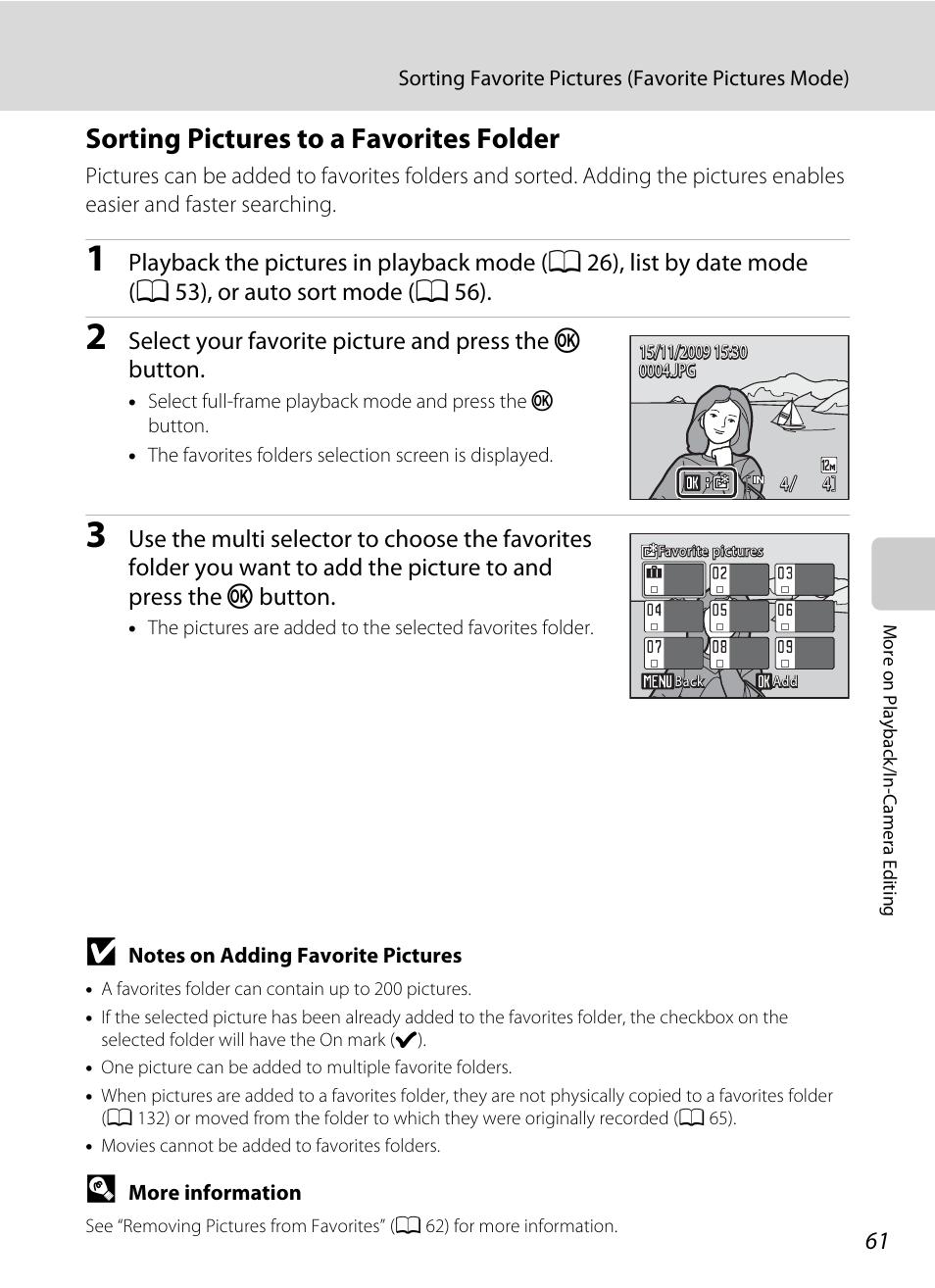 Sorting pictures to a favorites folder, A 61) | Nikon S570 User Manual | Page 73 / 172