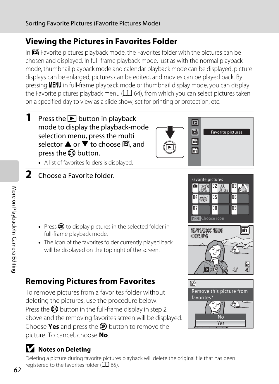 Viewing the pictures in favorites folder, Removing pictures from favorites, A 62) | Ee “removing pictures from favorites | Nikon S570 User Manual | Page 74 / 172