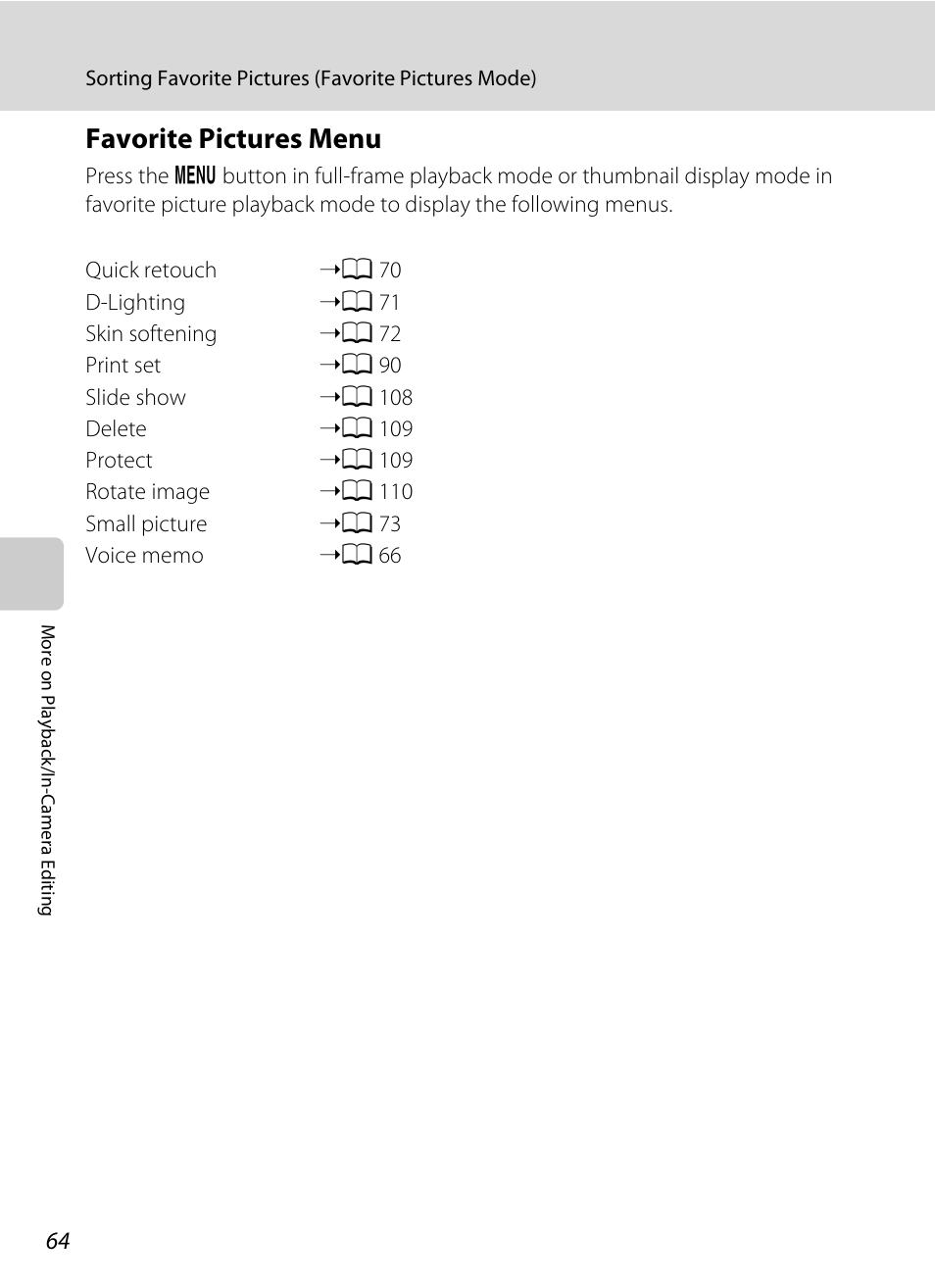 Favorite pictures menu, A 64), Menu | A 64), fr | Nikon S570 User Manual | Page 76 / 172