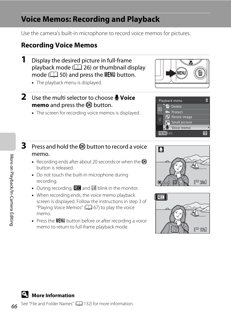 Voice memos: recording and playback, Recording voice memos, A 66 | Nikon S570 User Manual | Page 78 / 172