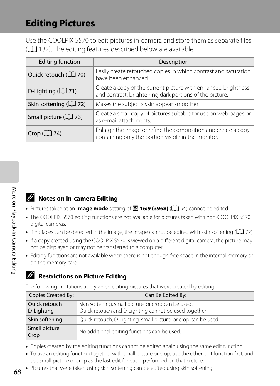 Editing pictures, A 68) | Nikon S570 User Manual | Page 80 / 172