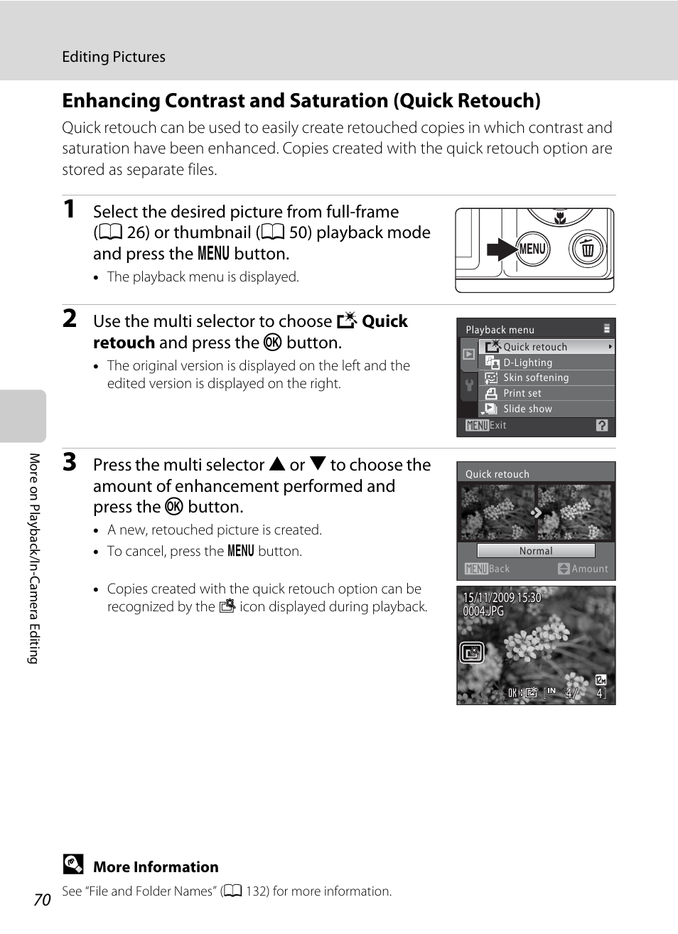 Enhancing contrast and saturation (quick retouch), A 70, A 70) | Nikon S570 User Manual | Page 82 / 172