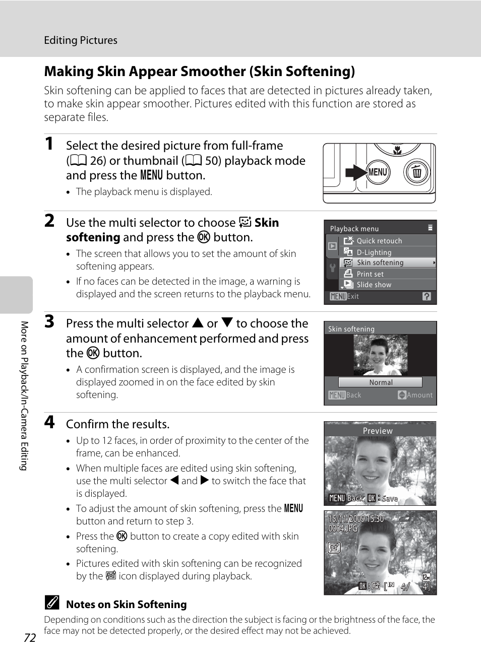 Making skin appear smoother (skin softening), A 72), A 72 | Confirm the results | Nikon S570 User Manual | Page 84 / 172