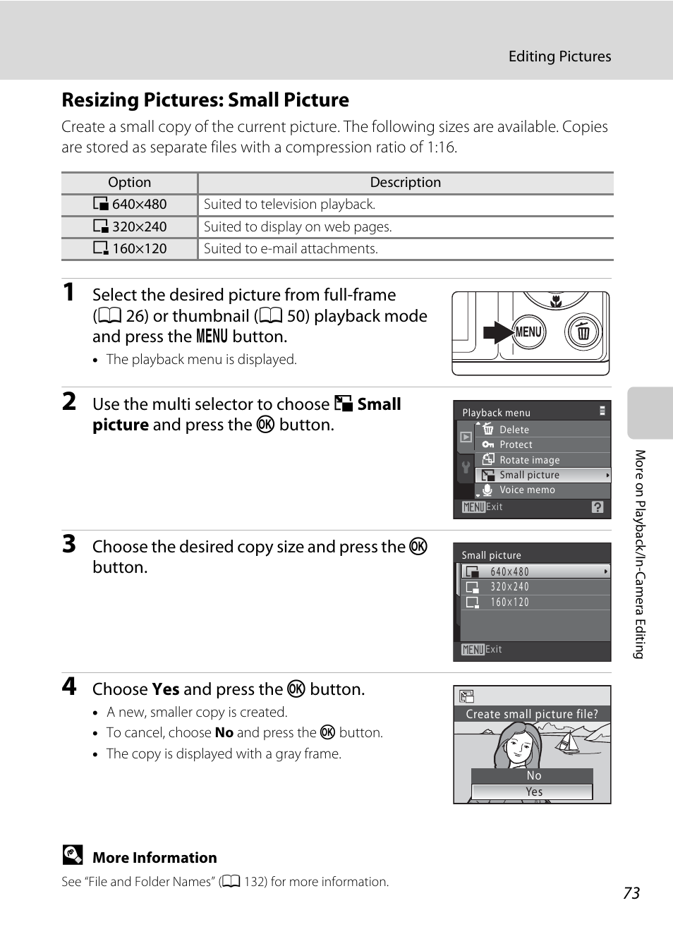 Resizing pictures: small picture, A 73, A 73) | Nikon S570 User Manual | Page 85 / 172