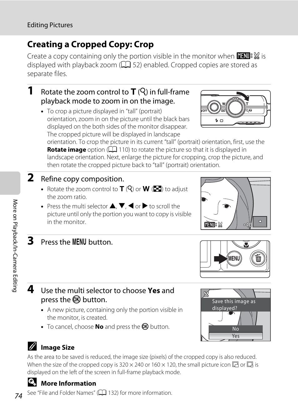 Creating a cropped copy: crop, A 74) | Nikon S570 User Manual | Page 86 / 172