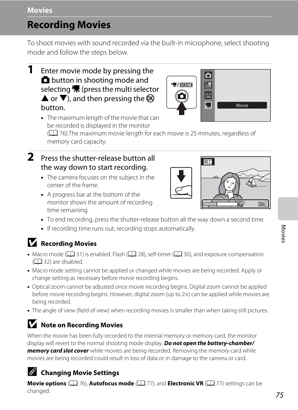 Movies, Recording movies, D movies | A 75) | Nikon S570 User Manual | Page 87 / 172