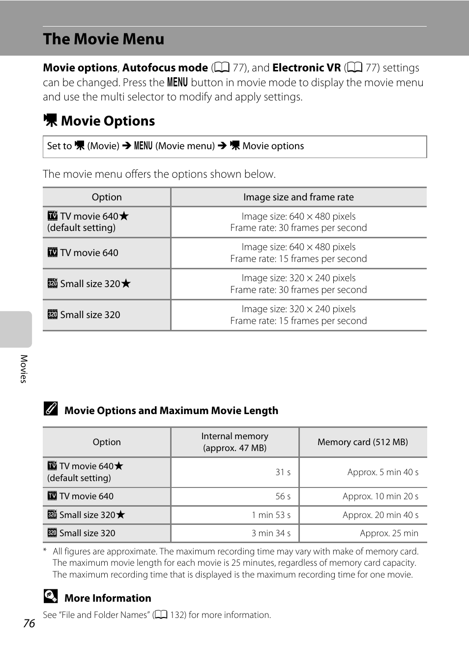 The movie menu, Movie options, D movie options | A 76).the maximum, A 76) | Nikon S570 User Manual | Page 88 / 172