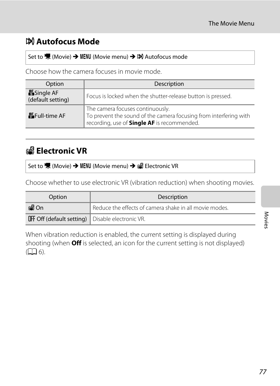 Autofocus mode, Electronic vr, I autofocus mode w electronic vr | A 77, A 77), and, I autofocus mode, W electronic vr | Nikon S570 User Manual | Page 89 / 172
