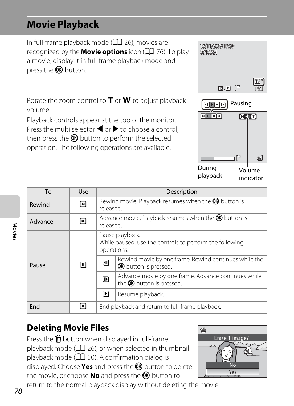 Movie playback, Deleting movie files | Nikon S570 User Manual | Page 90 / 172