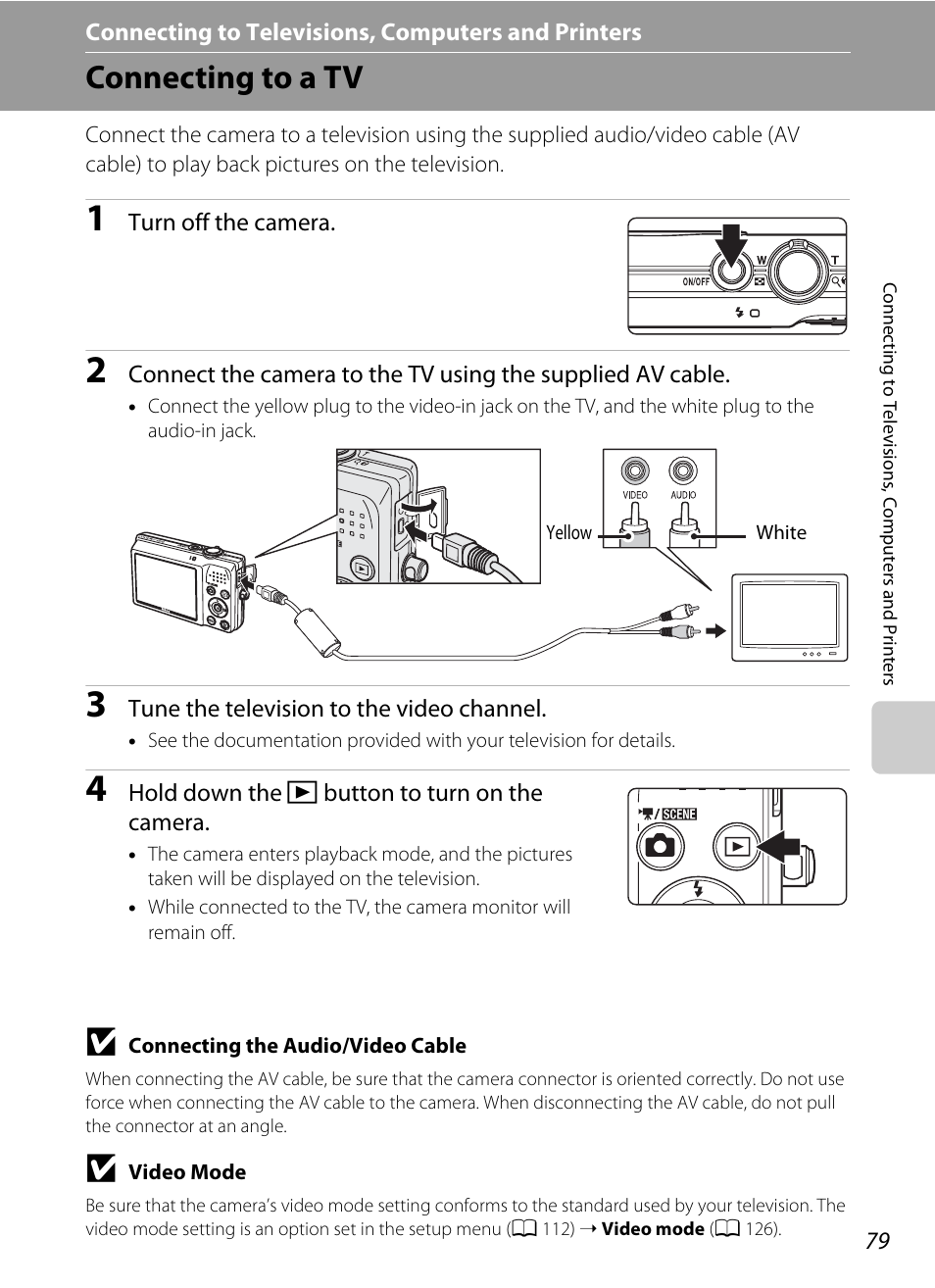 Connecting to televisions, computers and printers, Connecting to a tv | Nikon S570 User Manual | Page 91 / 172