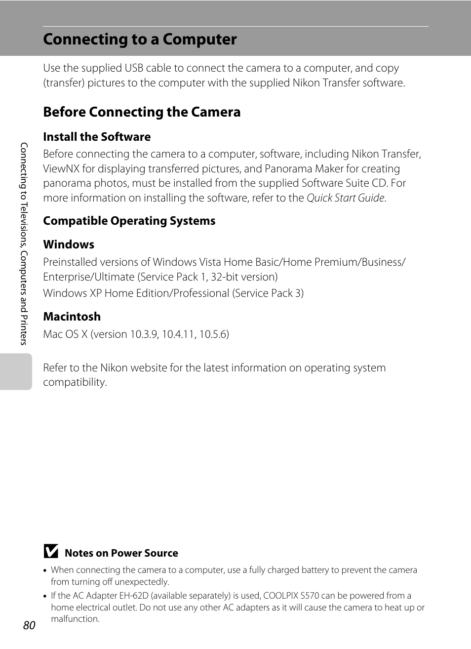 Connecting to a computer, Before connecting the camera, A 80 | Install the software, Compatible operating systems windows, Macintosh | Nikon S570 User Manual | Page 92 / 172