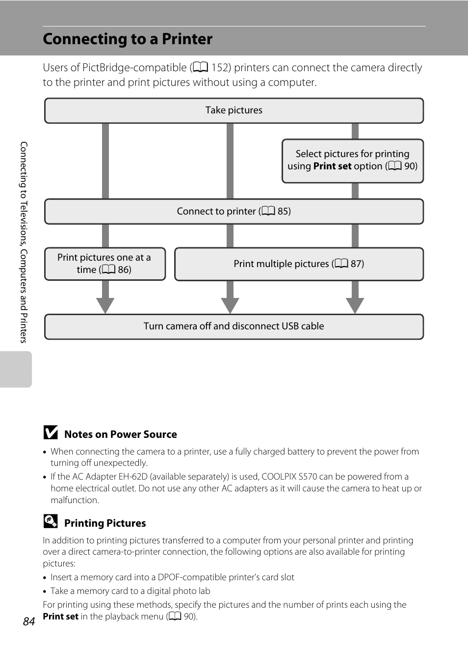 Connecting to a printer | Nikon S570 User Manual | Page 96 / 172