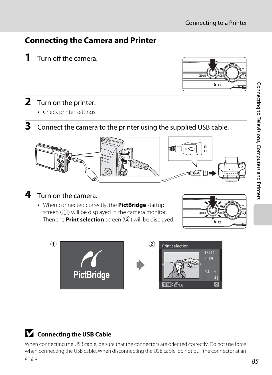 Connecting the camera and printer, A 85) | Nikon S570 User Manual | Page 97 / 172