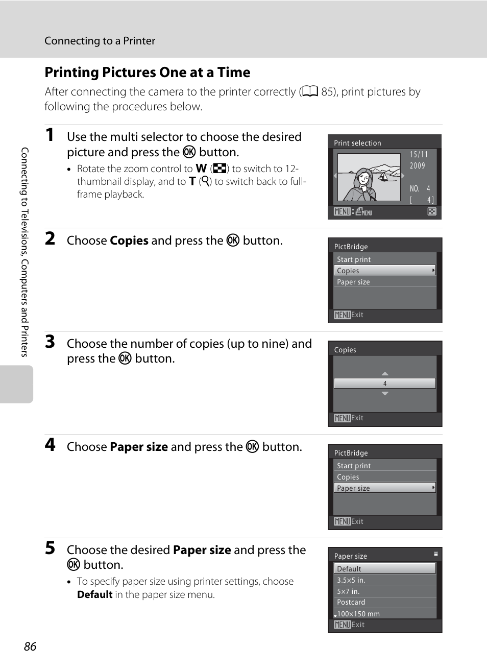 Printing pictures one at a time, A 86, Choose copies and press the k button | Choose paper size and press the k button | Nikon S570 User Manual | Page 98 / 172