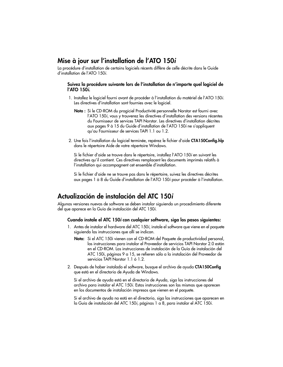 Mise à jour sur l’installation de l’ato 150i, Actualización de instalación del atc 150i, Mise à jour sur l’installation de l’ato 150 i | Actualización de instalación del atc 150 i | Nortel Networks CTA 150i User Manual | Page 2 / 2