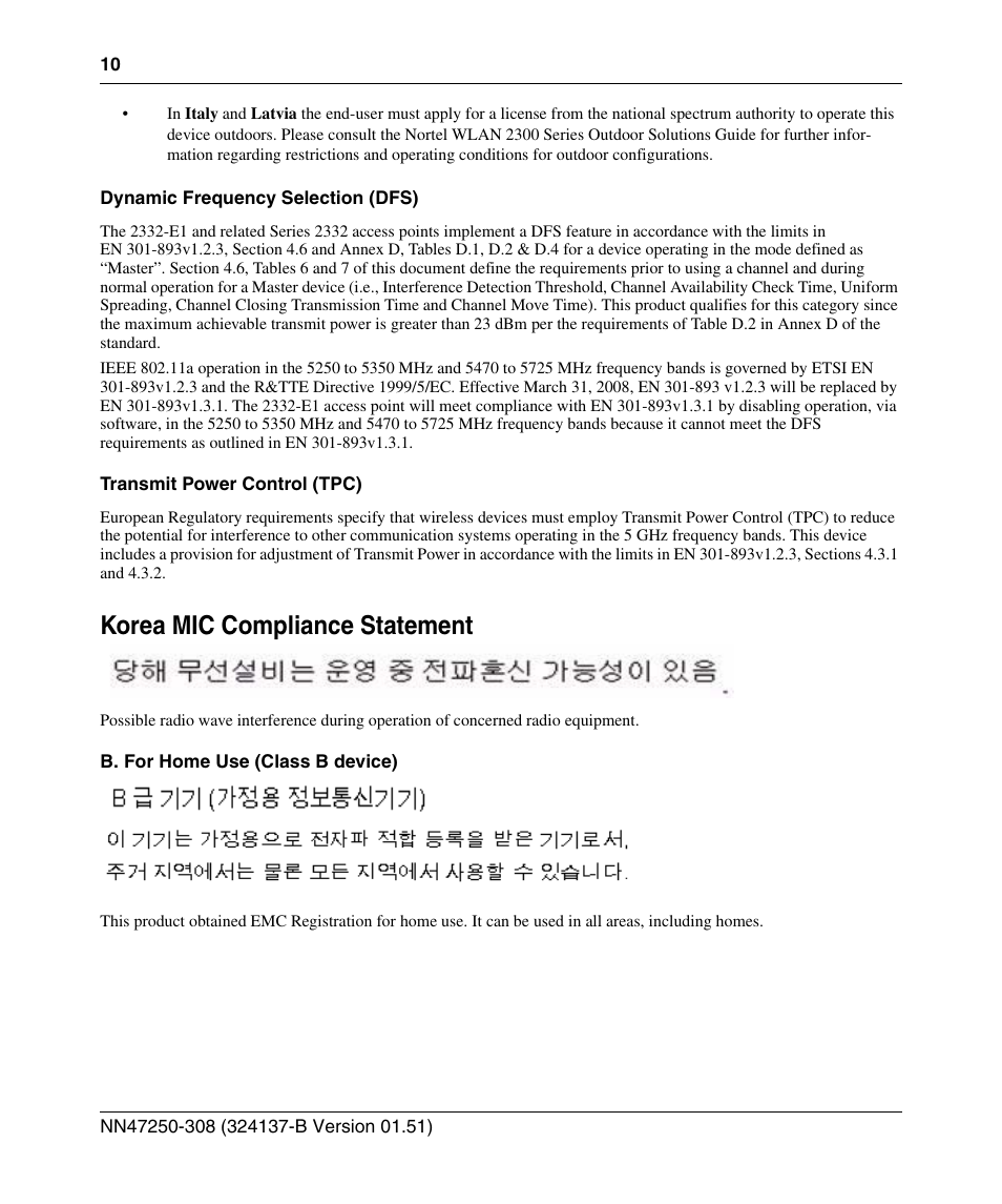 Korea mic compliance statement | Nortel Networks 2332 User Manual | Page 10 / 102