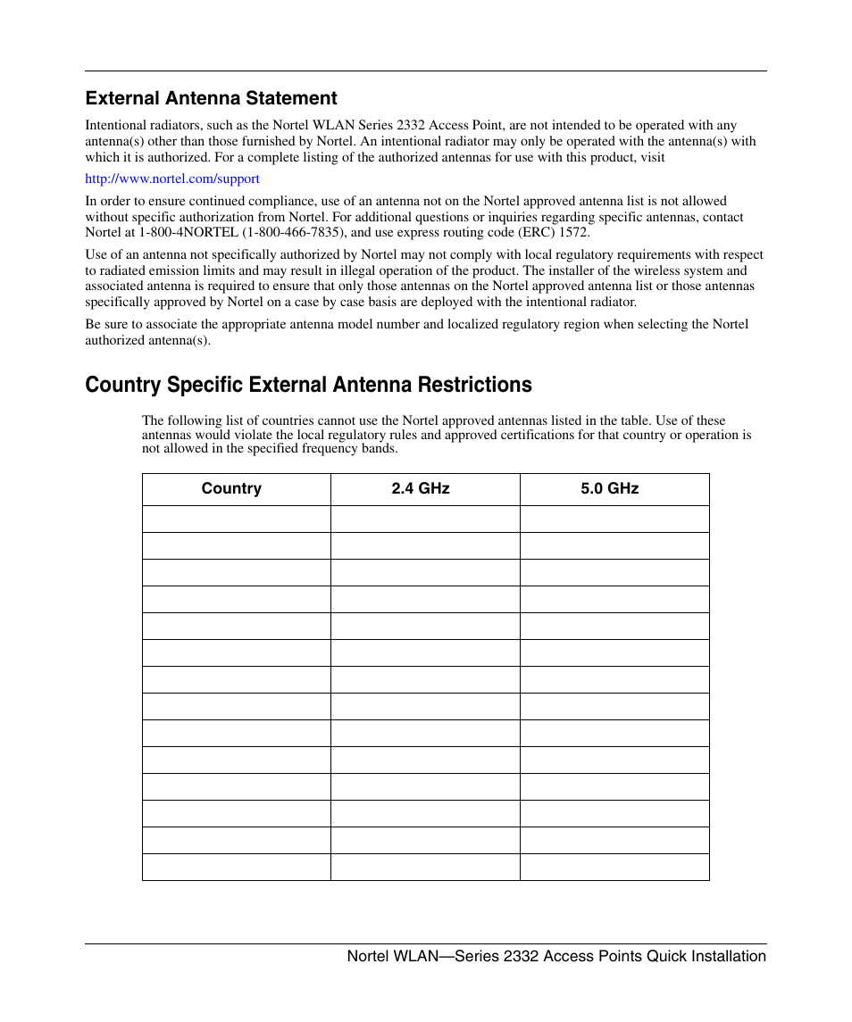 Country specific external antenna restrictions | Nortel Networks 2332 User Manual | Page 13 / 102