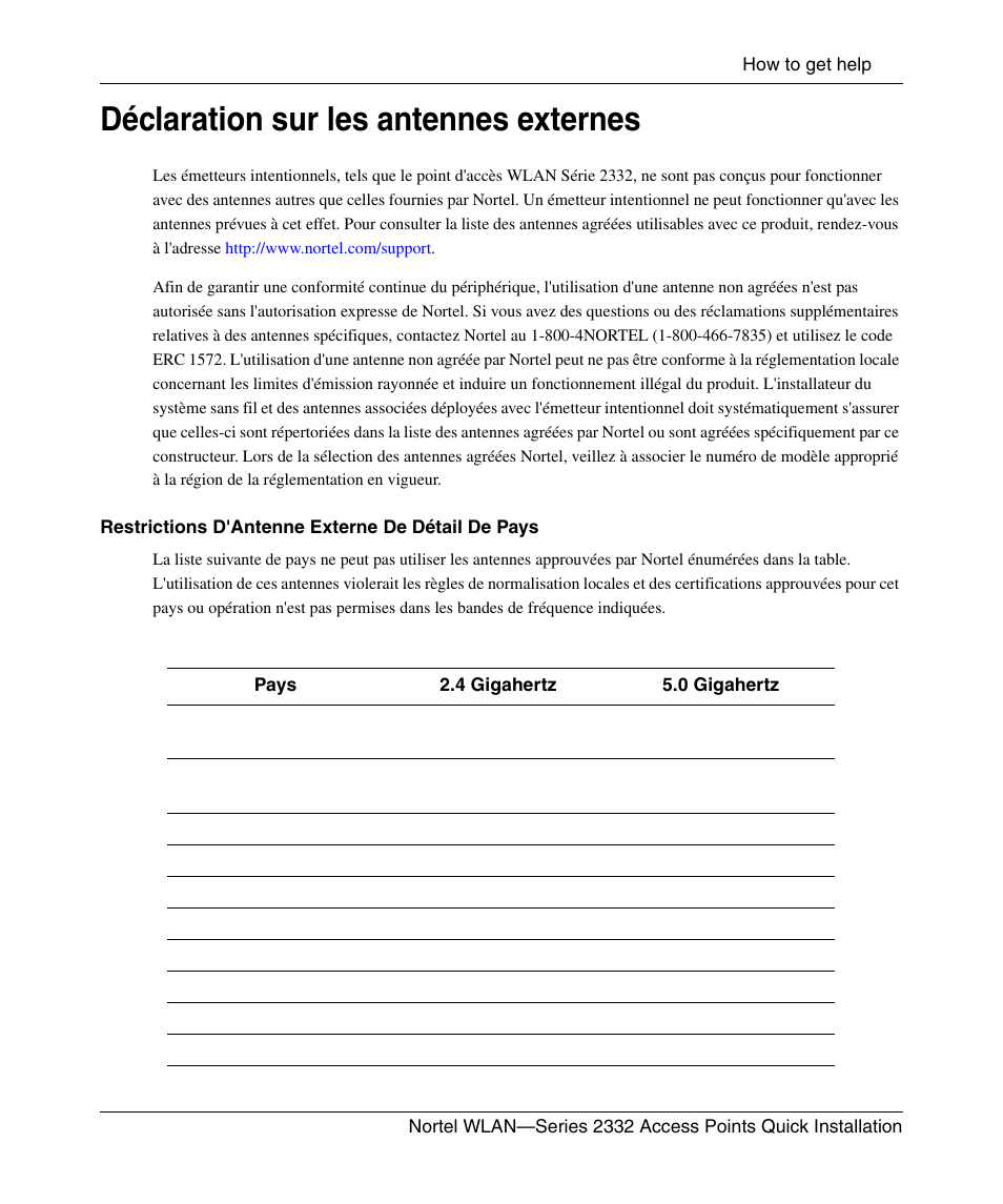 Déclaration sur les antennes externes | Nortel Networks 2332 User Manual | Page 27 / 102