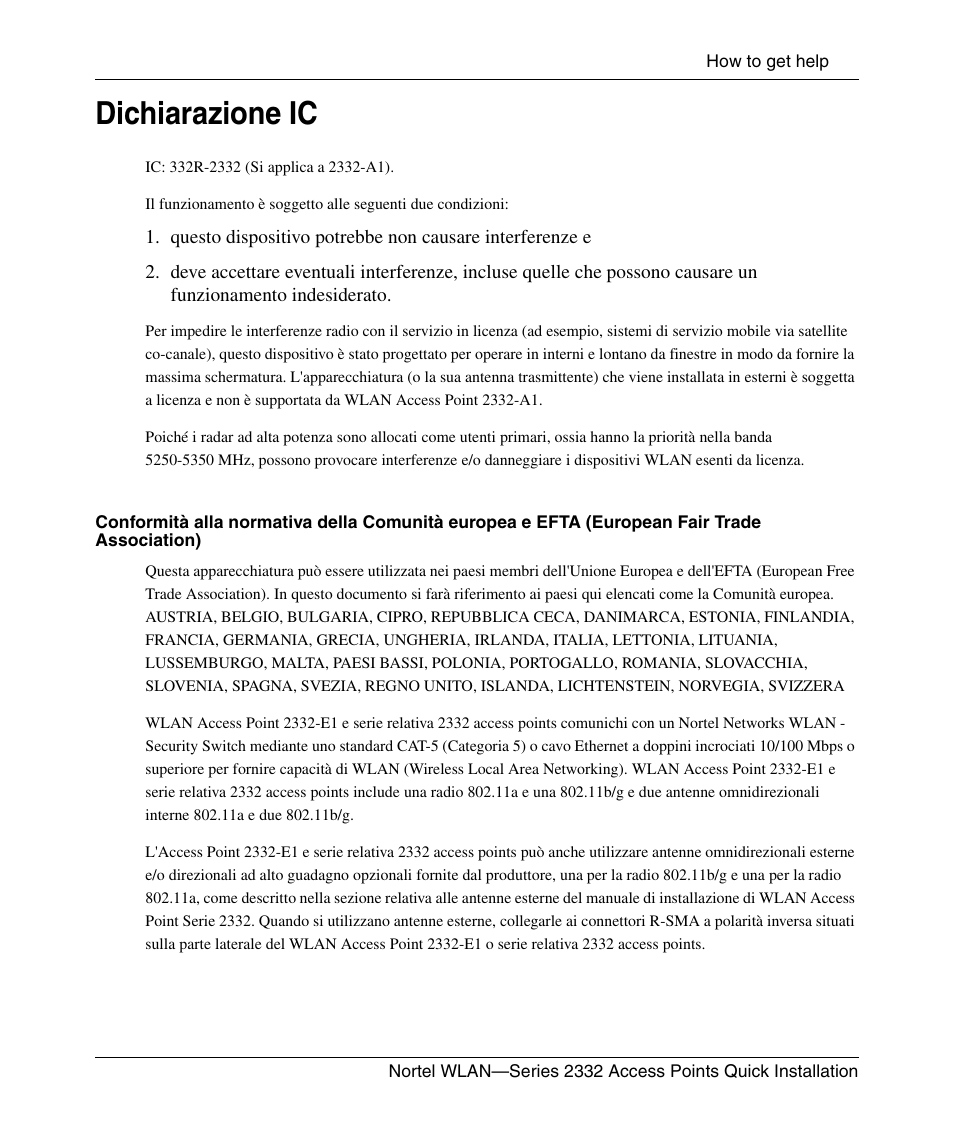 Dichiarazione ic | Nortel Networks 2332 User Manual | Page 45 / 102