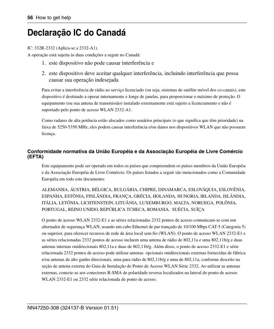 Declaração ic do canadá | Nortel Networks 2332 User Manual | Page 56 / 102