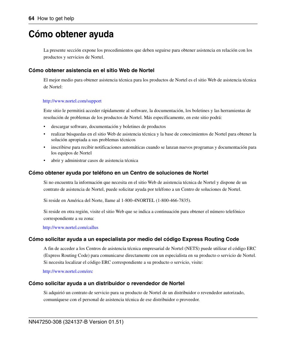 Cómo obtener ayuda | Nortel Networks 2332 User Manual | Page 64 / 102