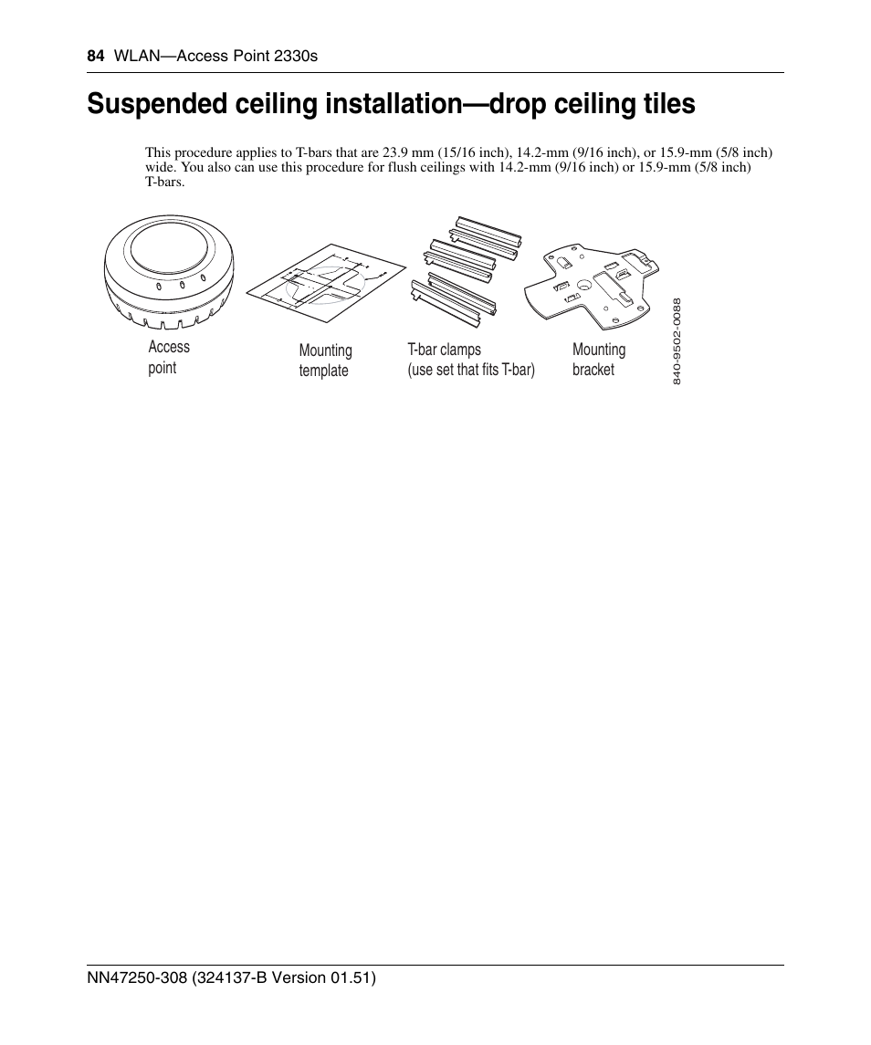 Suspended ceiling installation-drop ceiling tiles, Suspended ceiling installation—drop ceiling tiles | Nortel Networks 2332 User Manual | Page 84 / 102