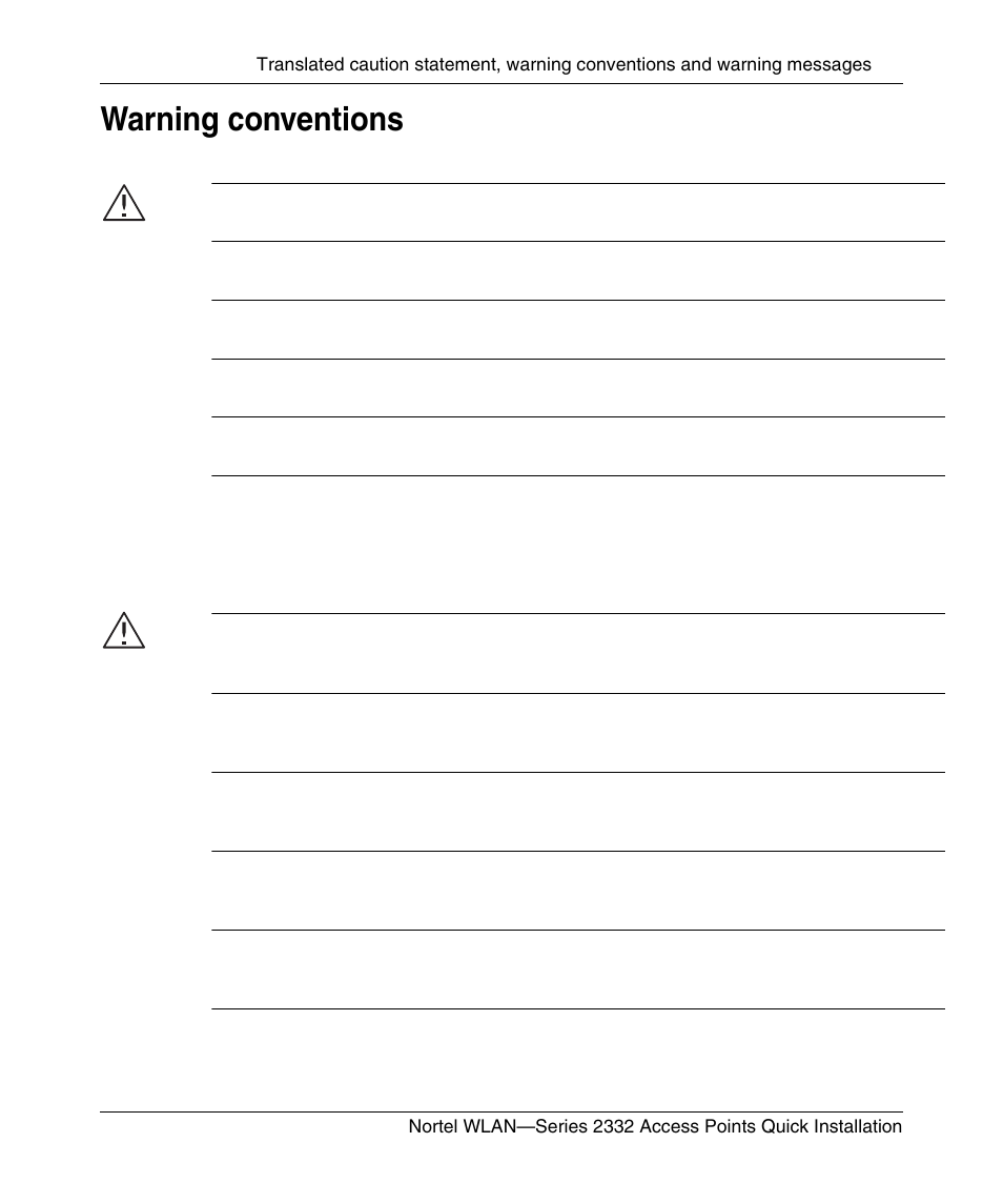 Warning conventions | Nortel Networks 2332 User Manual | Page 93 / 102