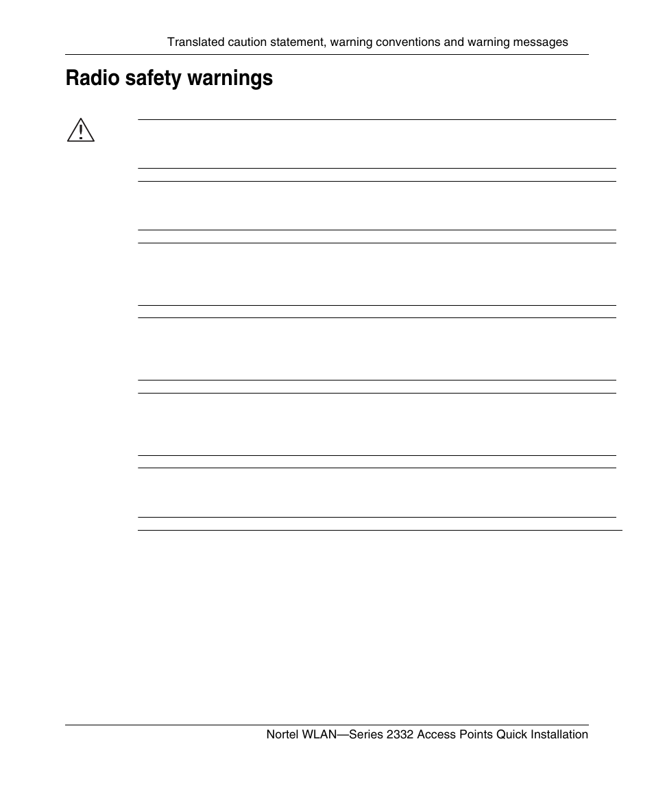 Radio safety warnings | Nortel Networks 2332 User Manual | Page 95 / 102