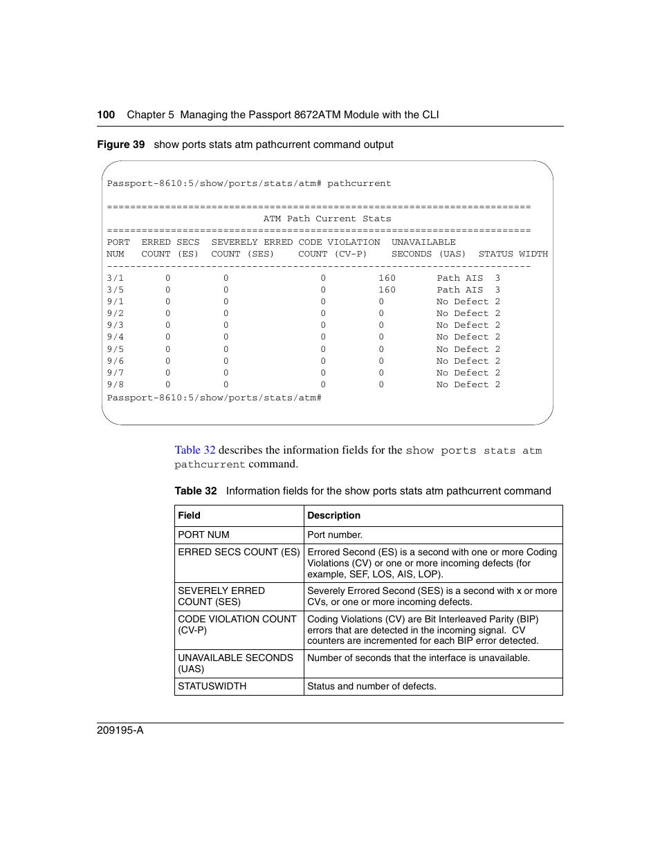 Figure 39, Show ports stats atm pathcurrent command output, Table 32 | Figure 39) | Nortel Networks Passport Module 8672A User Manual | Page 100 / 152