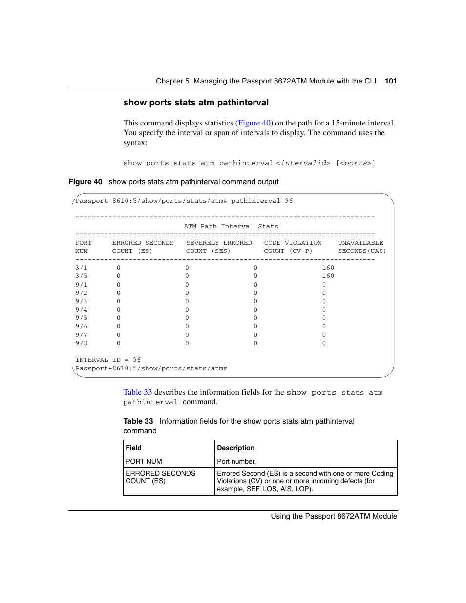 Show ports stats atm pathinterval, Figure 40, Show ports stats atm pathinterval command output | Table 33 | Nortel Networks Passport Module 8672A User Manual | Page 101 / 152