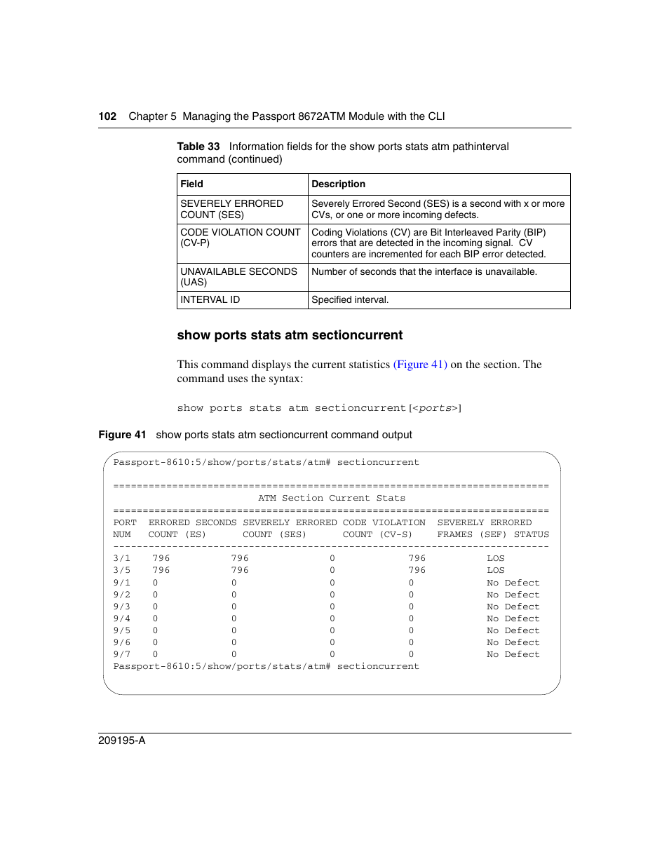 Show ports stats atm sectioncurrent, Figure 41, Show ports stats atm sectioncurrent command output | Nortel Networks Passport Module 8672A User Manual | Page 102 / 152