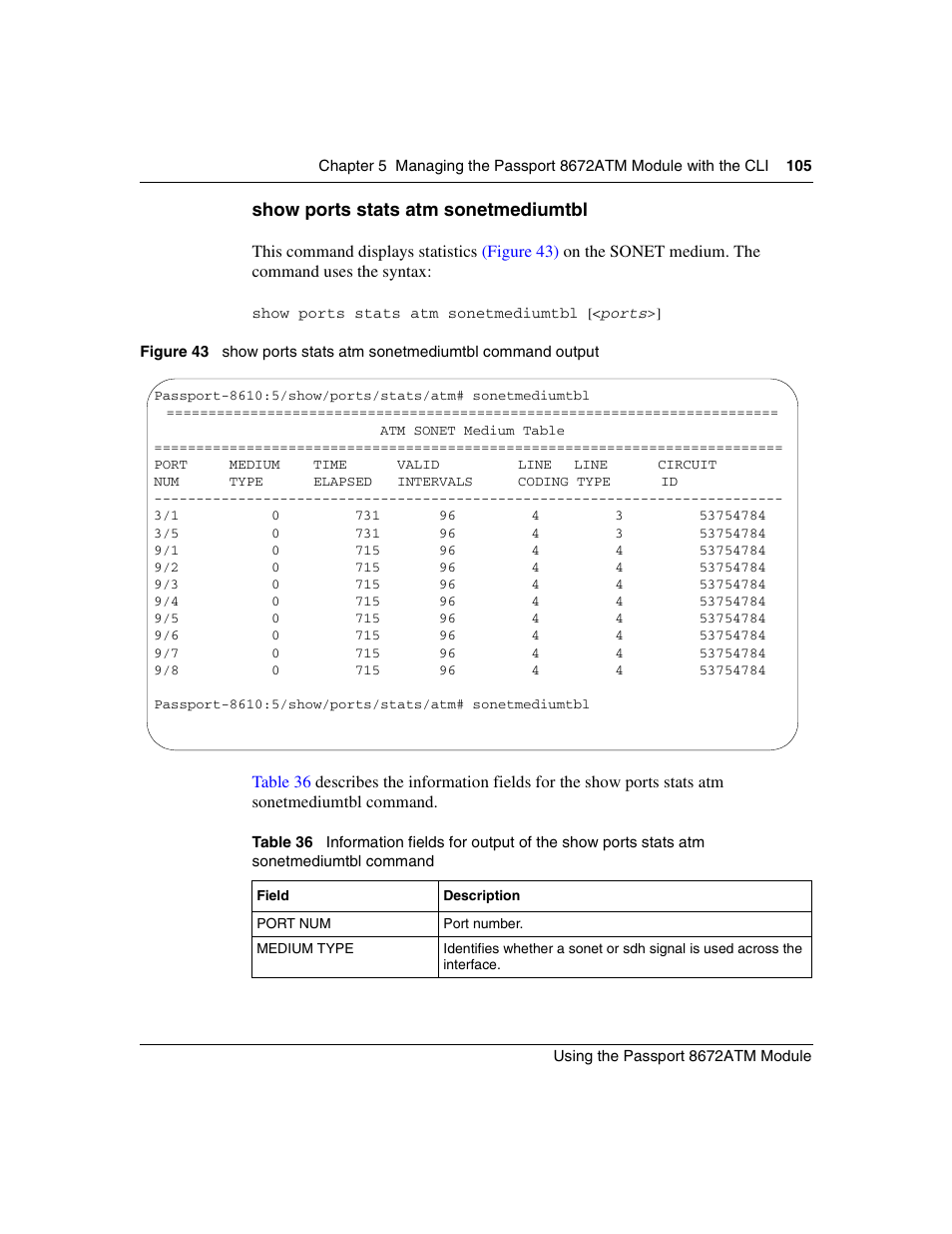 Show ports stats atm sonetmediumtbl, Figure 43, Show ports stats atm sonetmediumtbl command output | Table 36 | Nortel Networks Passport Module 8672A User Manual | Page 105 / 152