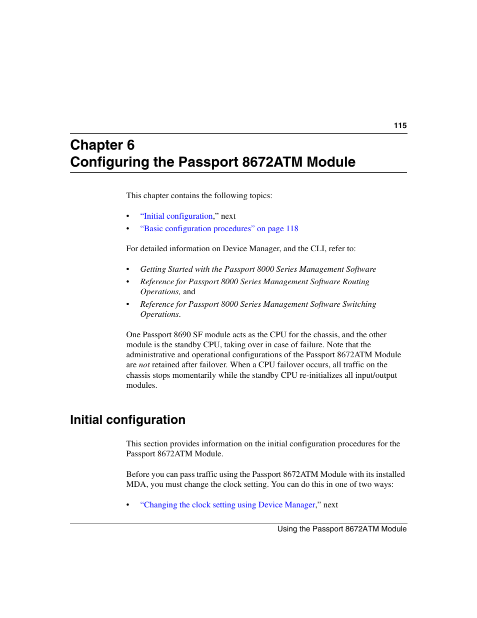 Chapter 6 configuring the passport 8672atm module, Initial configuration, Chapter 6, “configuring the passport 8672atm | Nortel Networks Passport Module 8672A User Manual | Page 115 / 152