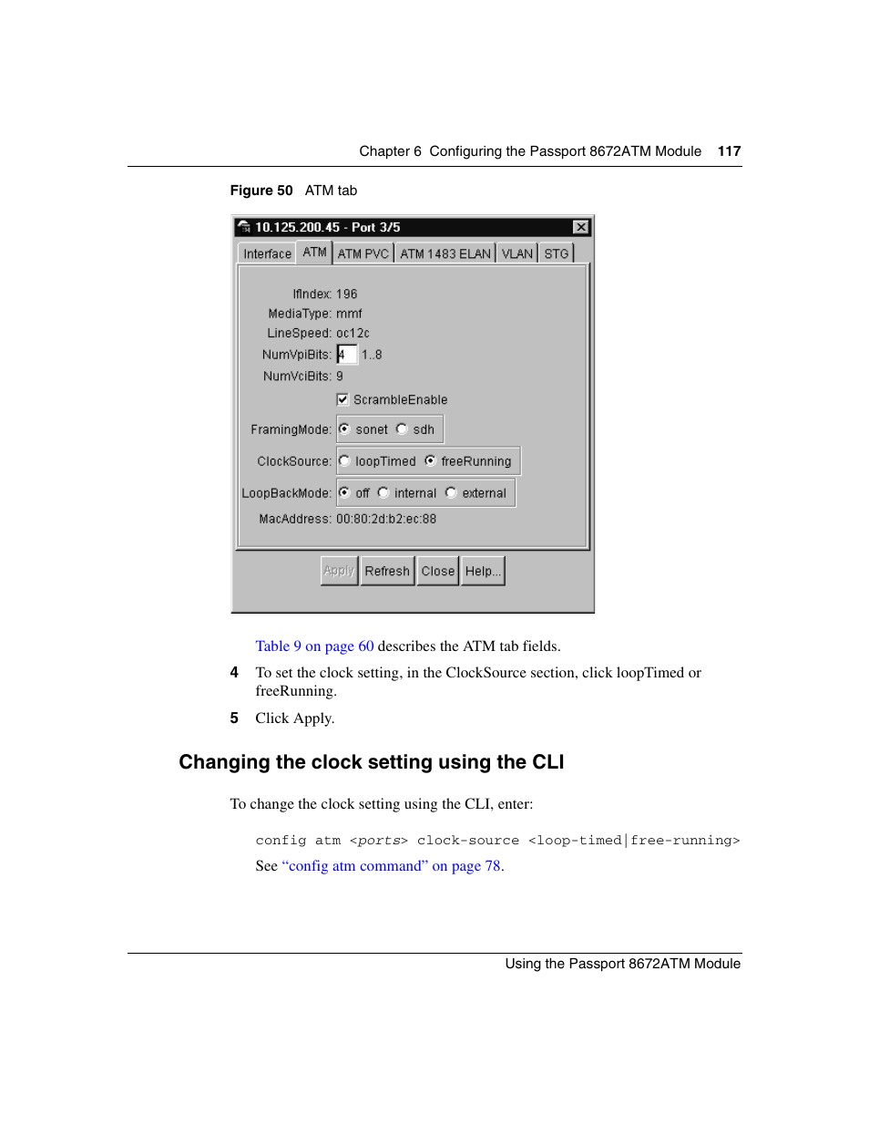 Changing the clock setting using the cli, Figure 50, Atm tab | Figure 50) | Nortel Networks Passport Module 8672A User Manual | Page 117 / 152