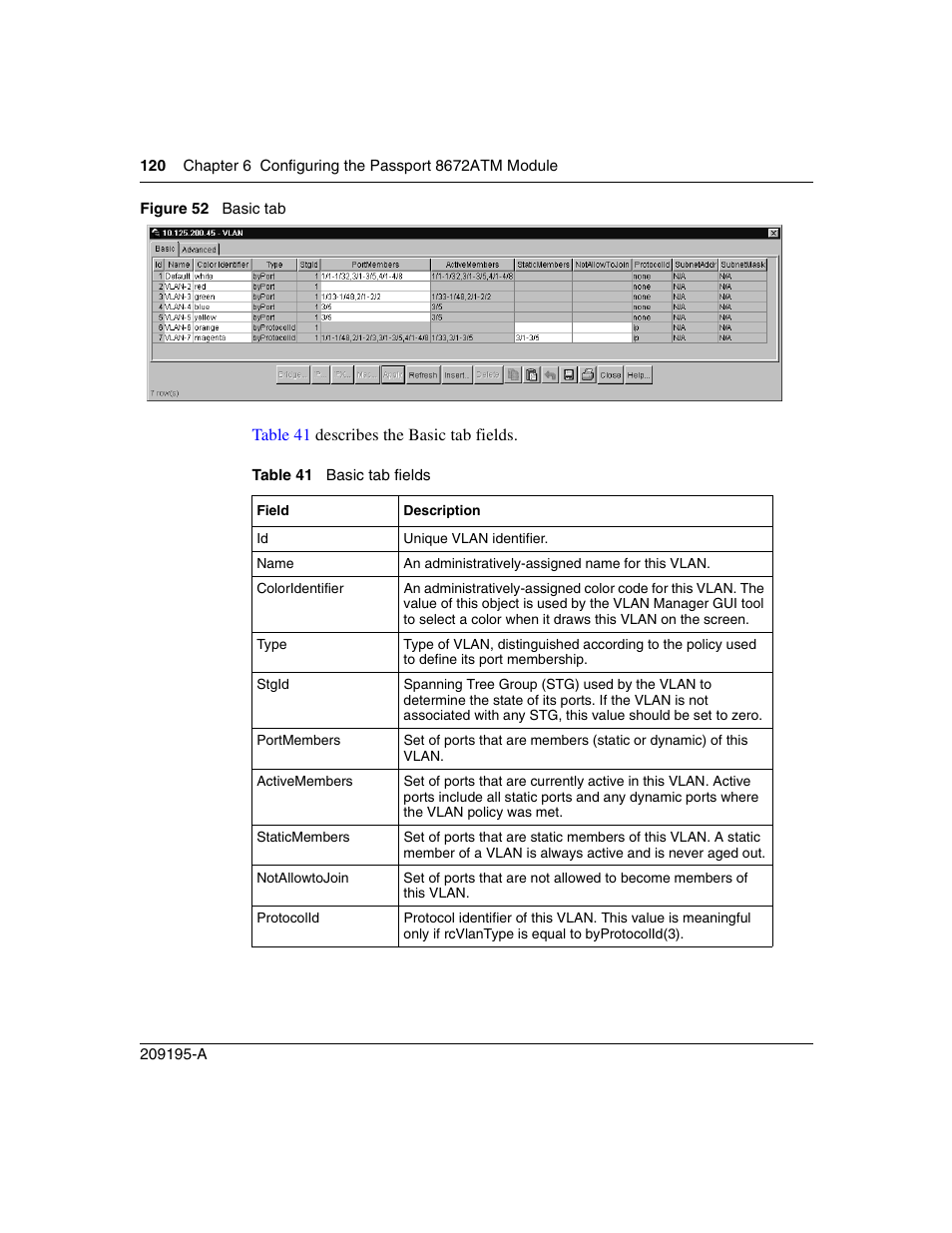 Figure 52, Basic tab, Table 41 | Basic tab fields, Figure 52) | Nortel Networks Passport Module 8672A User Manual | Page 120 / 152