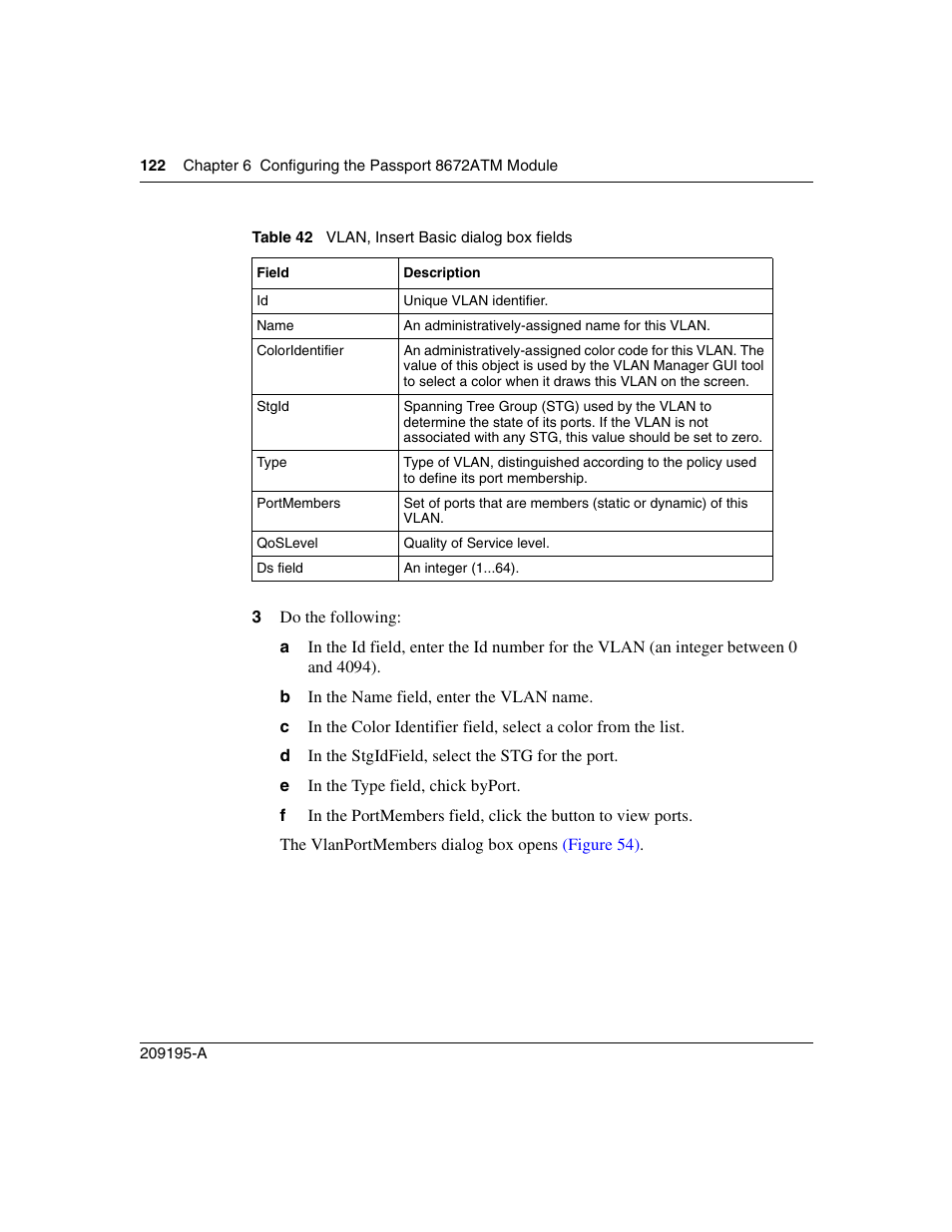 Table 42, Vlan, insert basic dialog box fields | Nortel Networks Passport Module 8672A User Manual | Page 122 / 152