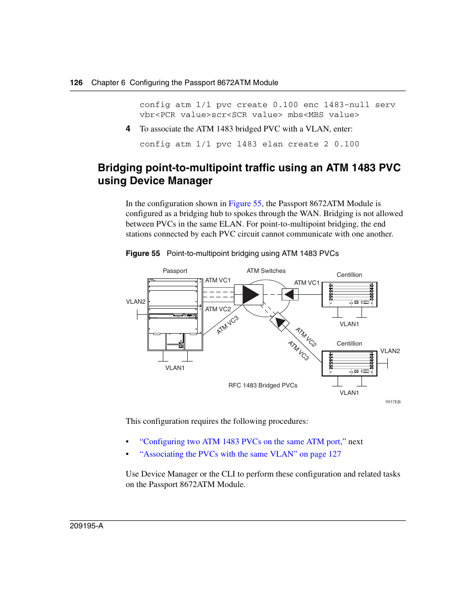 Device manager, Figure 55, Point-to-multipoint bridging using atm 1483 pvcs | Nortel Networks Passport Module 8672A User Manual | Page 126 / 152