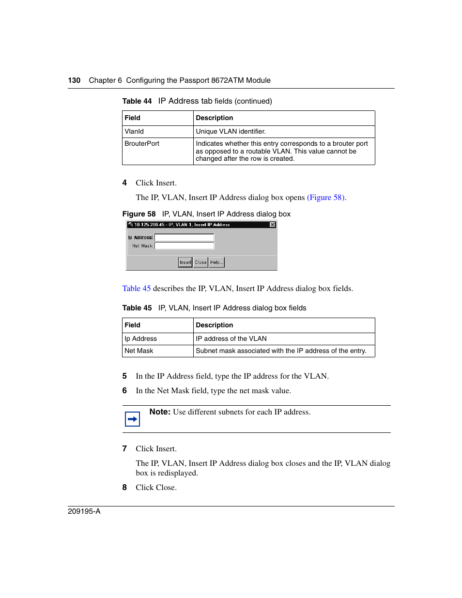 Figure 58, Ip, vlan, insert ip address dialog box, Table 45 | Ip, vlan, insert ip address dialog box fields | Nortel Networks Passport Module 8672A User Manual | Page 130 / 152