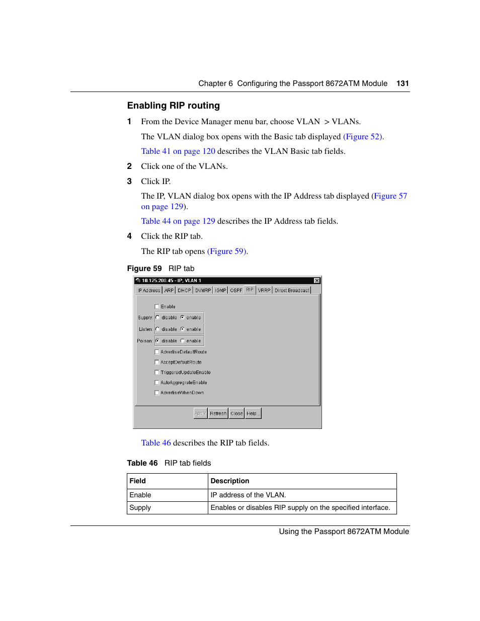 Enabling rip routing, Figure 59, Rip tab | Table 46, Rip tab fields | Nortel Networks Passport Module 8672A User Manual | Page 131 / 152