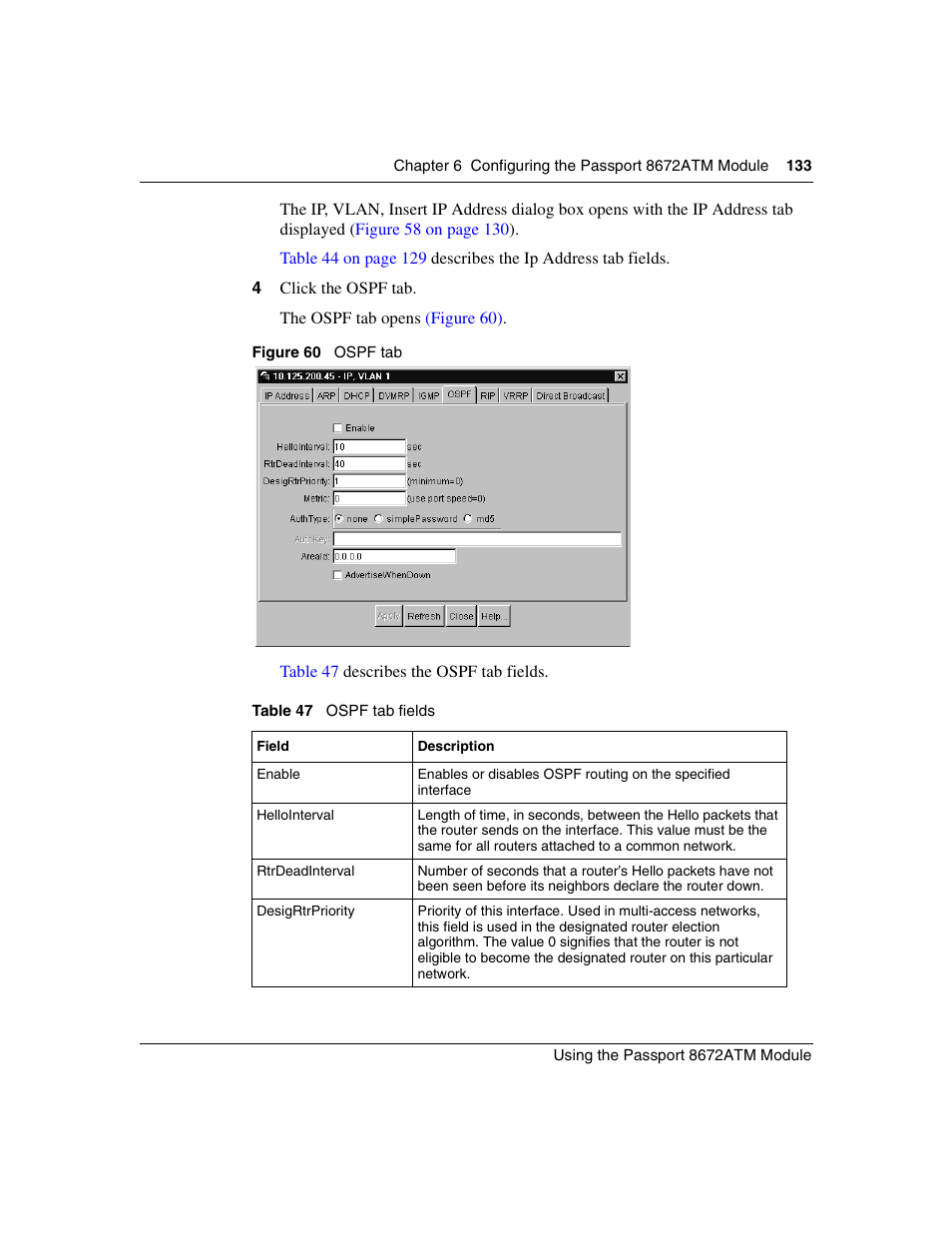 Figure 60, Ospf tab, Table 47 | Ospf tab fields | Nortel Networks Passport Module 8672A User Manual | Page 133 / 152