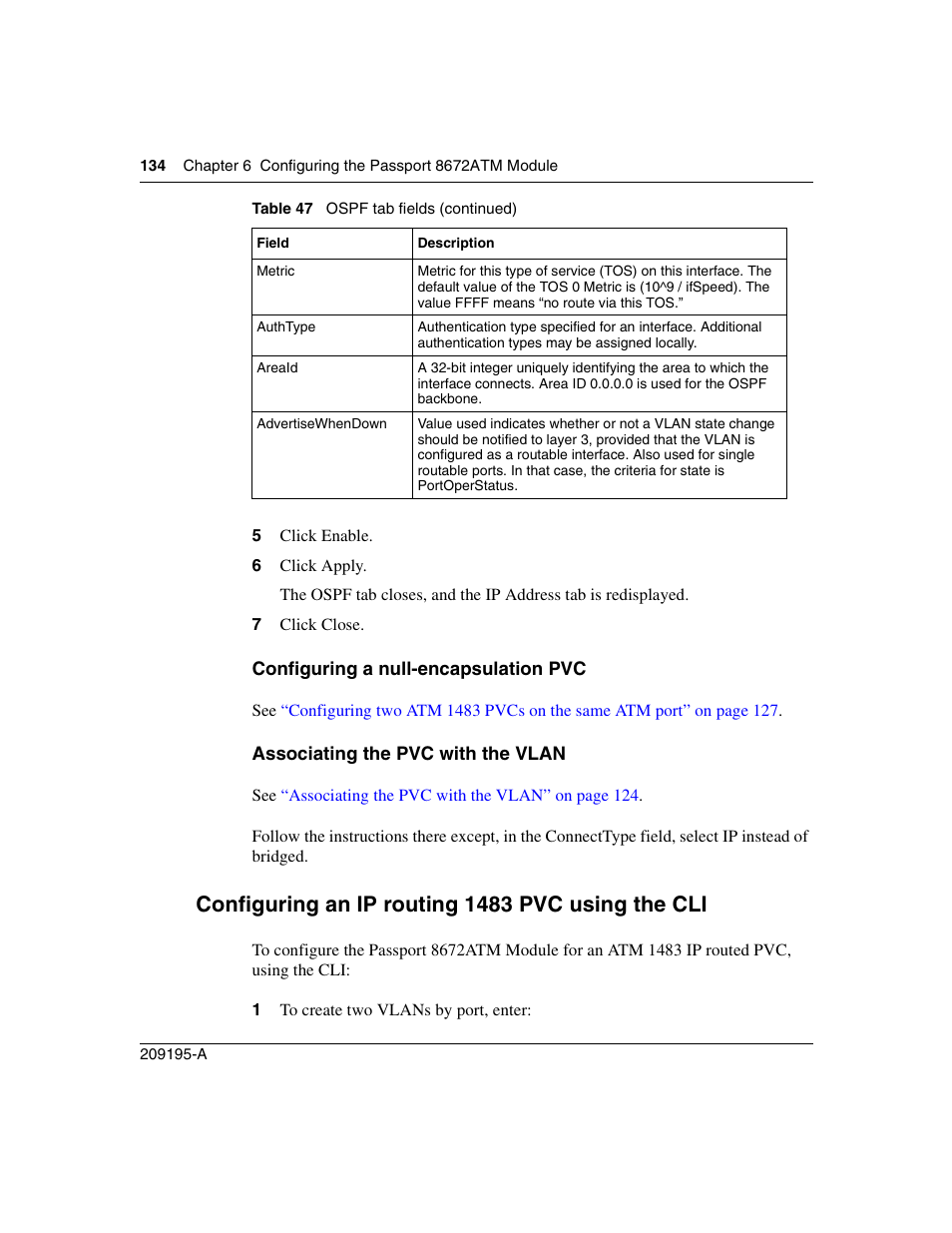 Configuring a null-encapsulation pvc, Associating the pvc with the vlan, Configuring an ip routing 1483 pvc using the cli | Nortel Networks Passport Module 8672A User Manual | Page 134 / 152