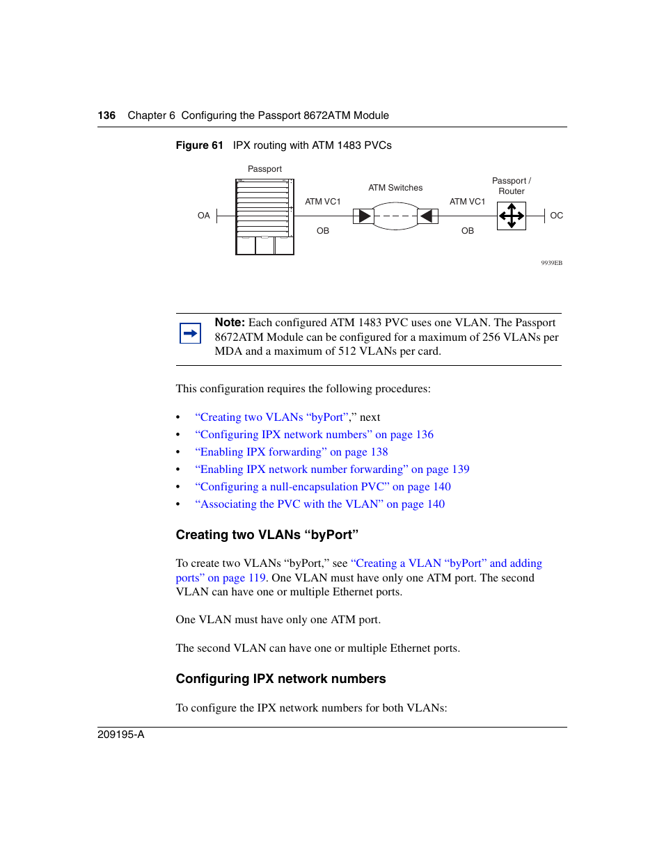 Creating two vlans “byport, Configuring ipx network numbers, Figure 61 | Ipx routing with atm 1483 pvcs | Nortel Networks Passport Module 8672A User Manual | Page 136 / 152