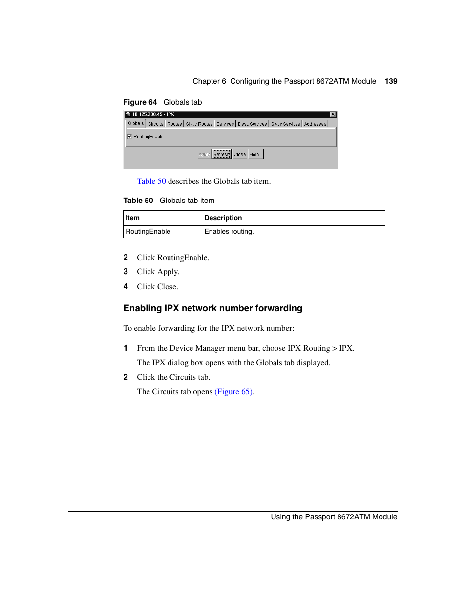 Enabling ipx network number forwarding, Figure 64, Globals tab | Table 50, Globals tab item, Figure 64) | Nortel Networks Passport Module 8672A User Manual | Page 139 / 152