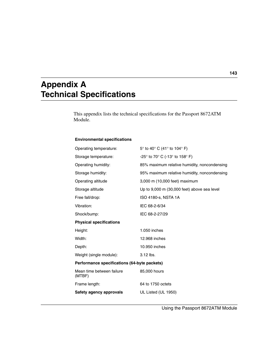 Appendix a technical specifications | Nortel Networks Passport Module 8672A User Manual | Page 143 / 152