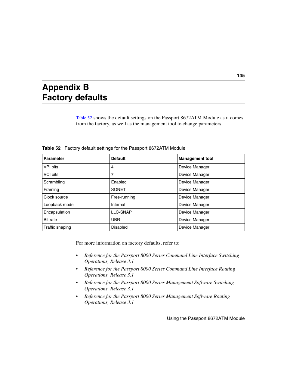 Appendix b factory defaults, Table 52 | Nortel Networks Passport Module 8672A User Manual | Page 145 / 152