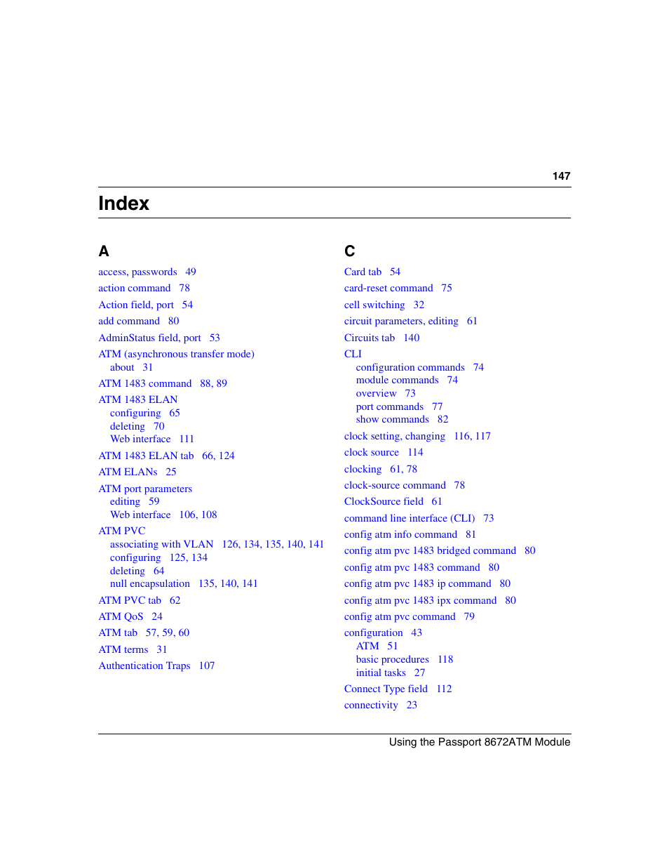 Index | Nortel Networks Passport Module 8672A User Manual | Page 147 / 152