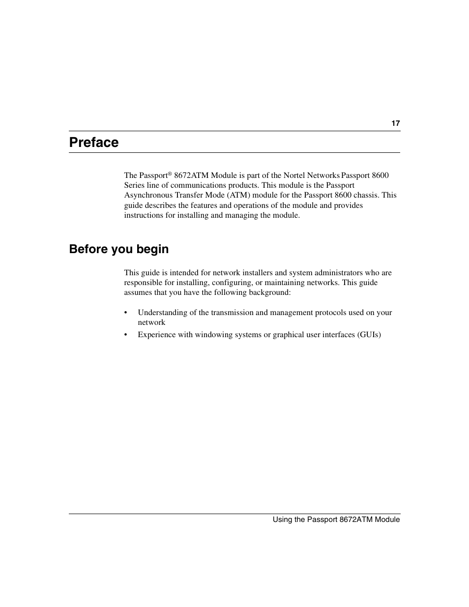 Preface, Before you begin | Nortel Networks Passport Module 8672A User Manual | Page 17 / 152
