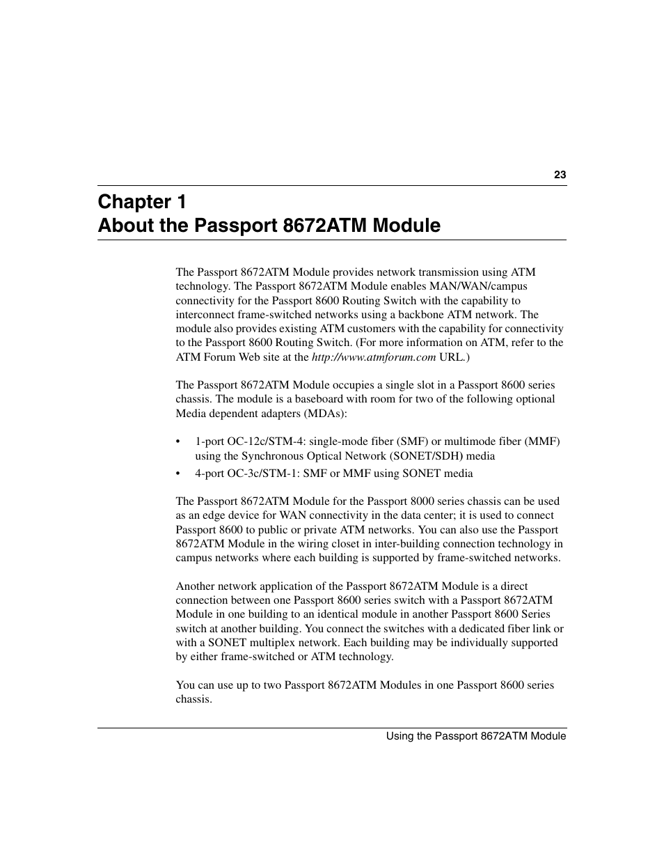Chapter 1 about the passport 8672atm module | Nortel Networks Passport Module 8672A User Manual | Page 23 / 152